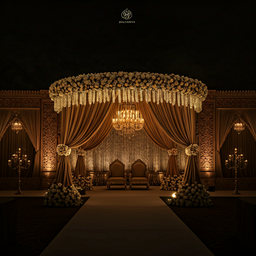 A close-up of an ornate mandap lit by candlelight